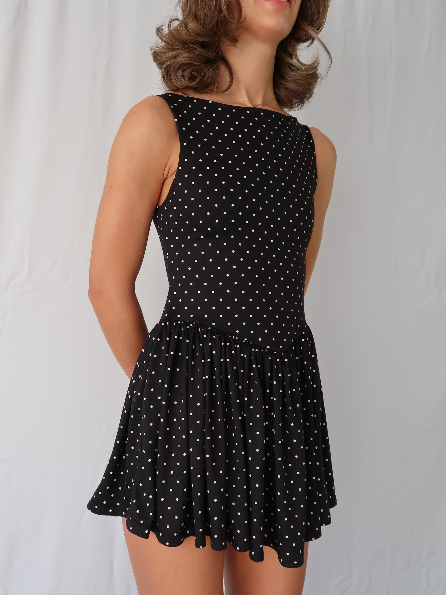 Carrie - Boat neck dress - Black polka dot
