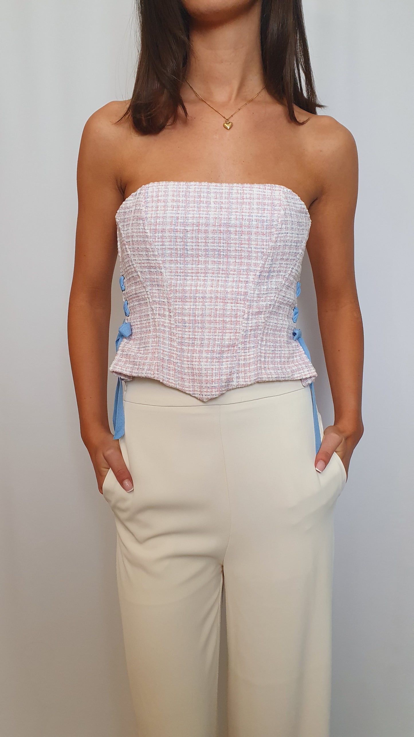 Elle Tweed Corset Top - Pink/Blue