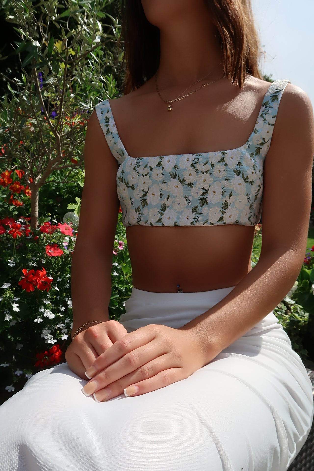 Floral jacquard croptop - White