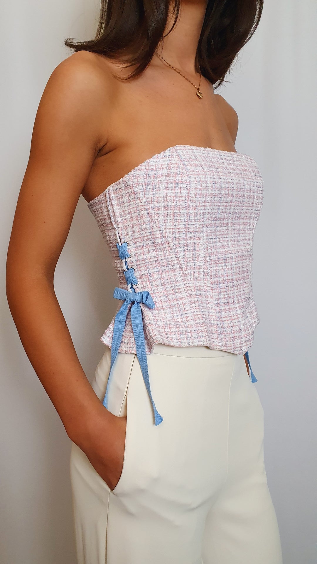 Elle Tweed Corset Top - Pink/Blue