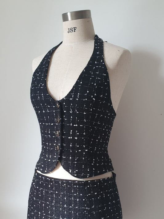 Jasmine Tweed Halter neck Top - Black