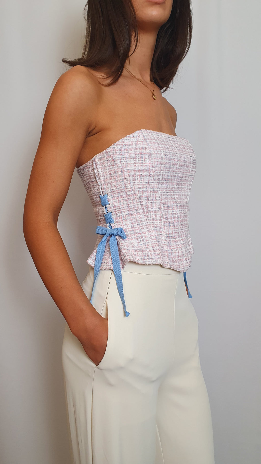 Elle Tweed corset top - Pink/Blue